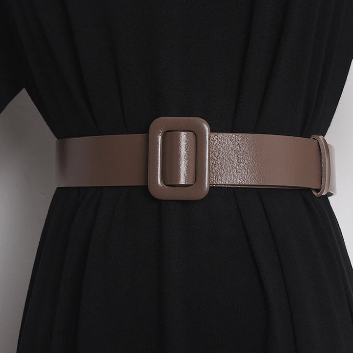 Narrow leather belt on dress waist, brown with rectangular buckle