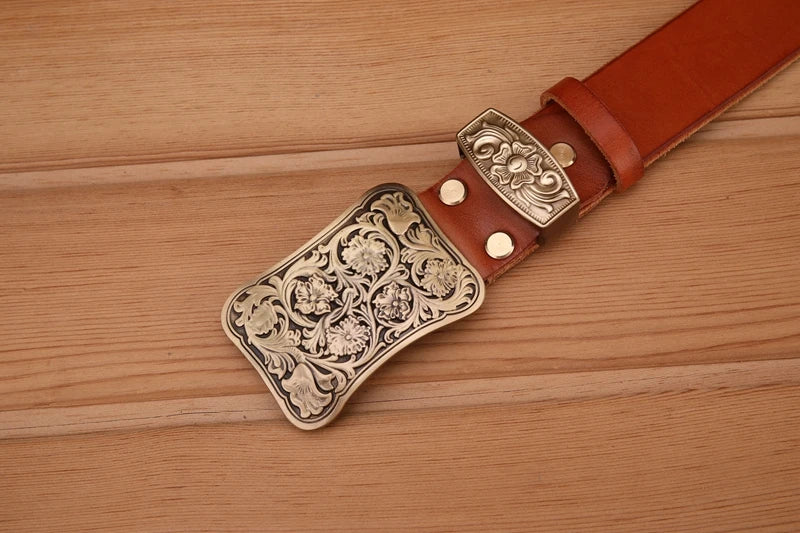 Luxury Brass Flower Buckle Leather Belt
