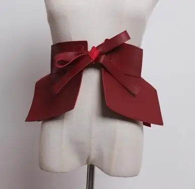 Wide PU leather waist belt, red with bow knot and long ribbon tails