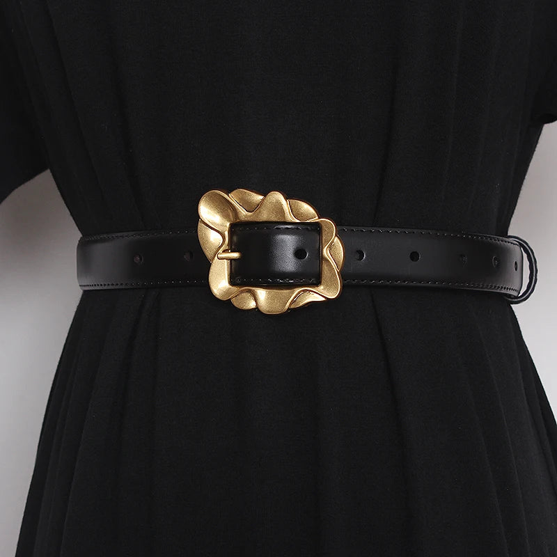 Black leather narrow waist belt with gold-tone floral square buckle and pin closure