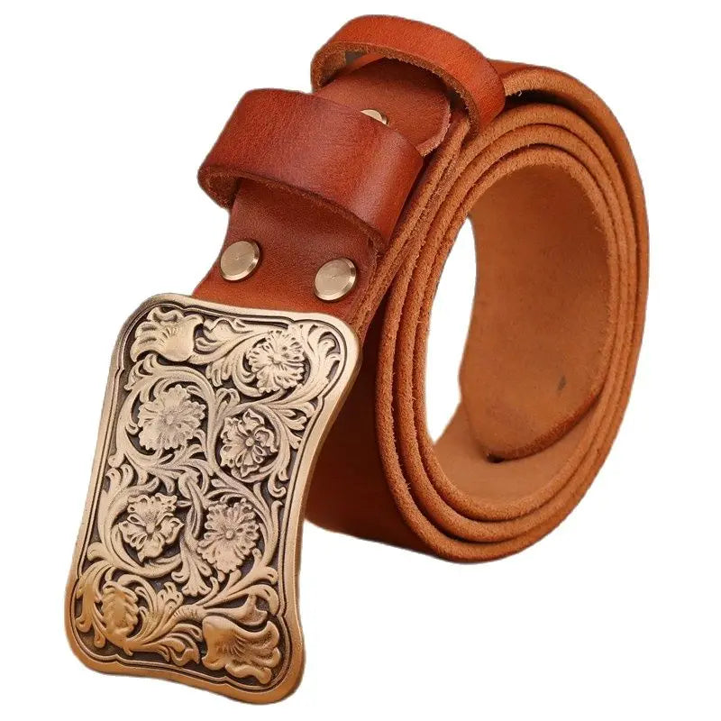 Luxury Brass Flower Buckle Leather Belt