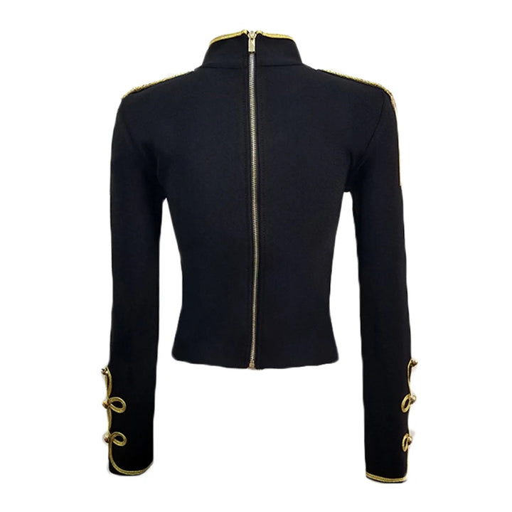 Black jacket back view with gold piping and fitted long sleeves
