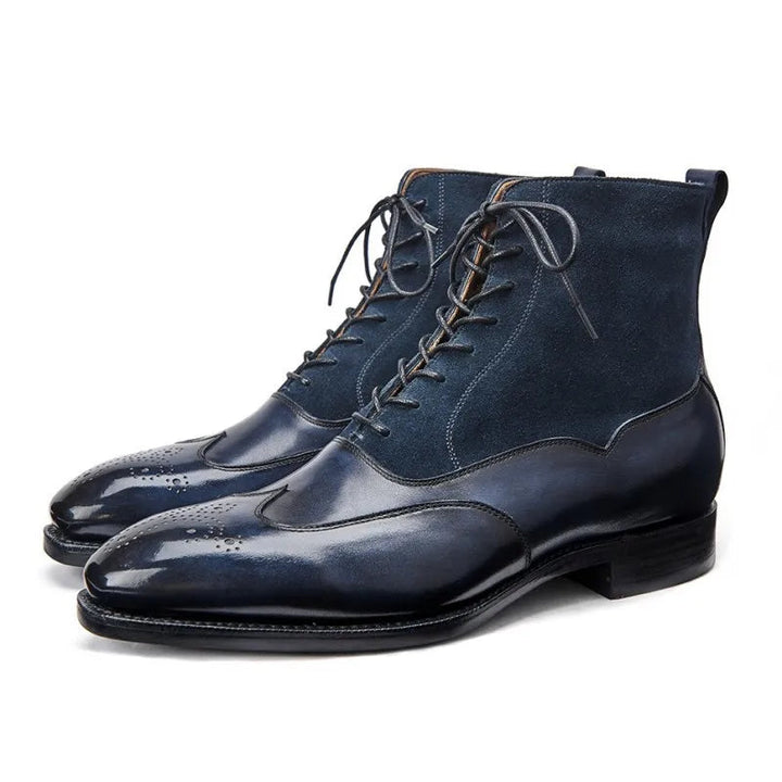 Pair of blue leather boots with lace-up design on a white background, featuring the BEKE DEKE brand.