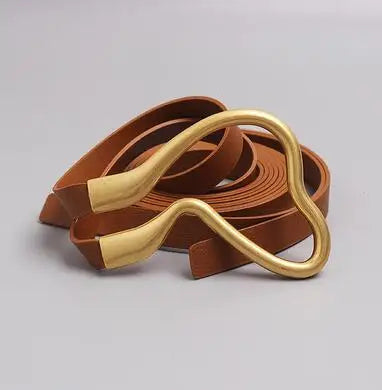 Women’s wide leather belt with gold oval buckle, tan belt loops and brown straps