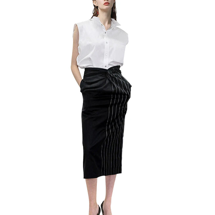 Fashionable Black Stripes Wrapped Pencil Skirt