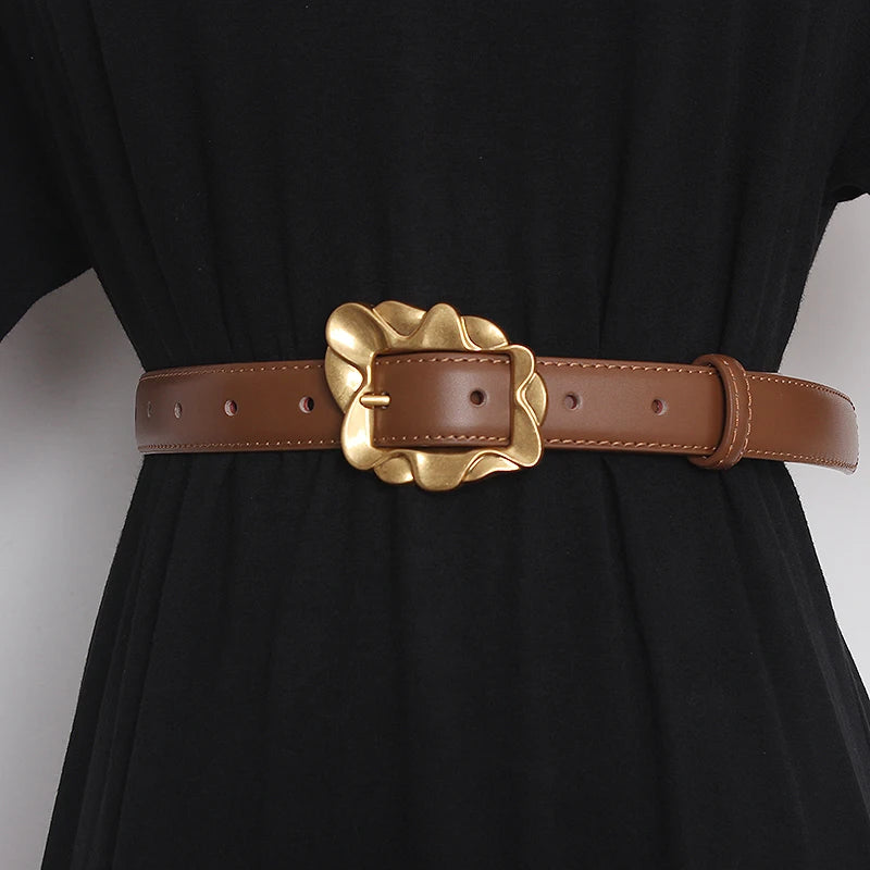 Medium brown leather narrow waist belt with gold-tone floral square buckle and pin closure