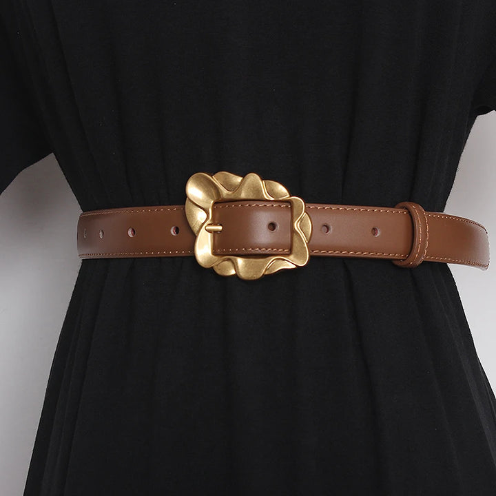 Medium brown leather narrow waist belt with gold-tone floral square buckle and pin closure