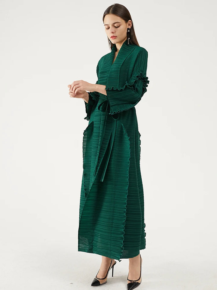 Pleated Sleeve Lapel Cardigan Dress