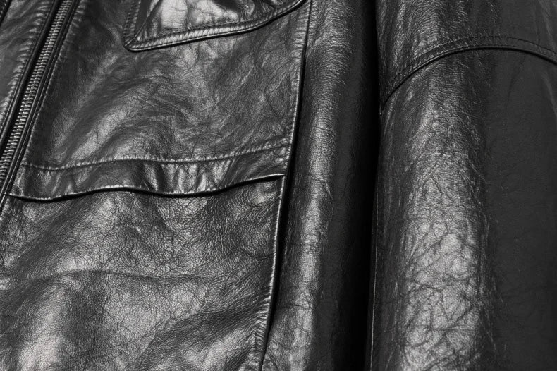 Real Black Leather Casual Pockets Jacket