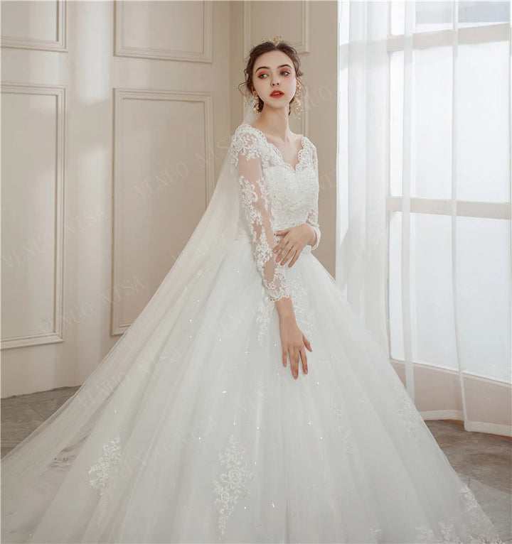 Lace Appliques Long Train Bridal Ball Gown