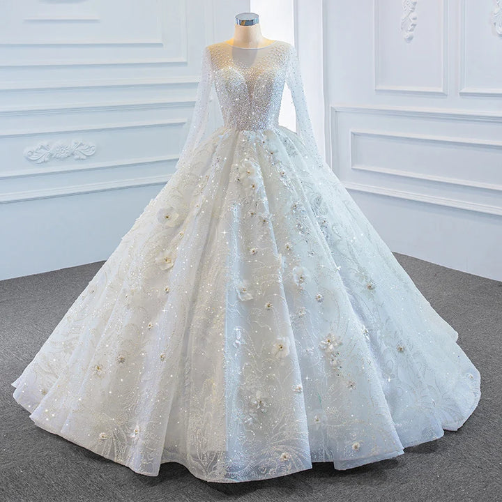 Delicate Sequined Flowers Bridal Dress