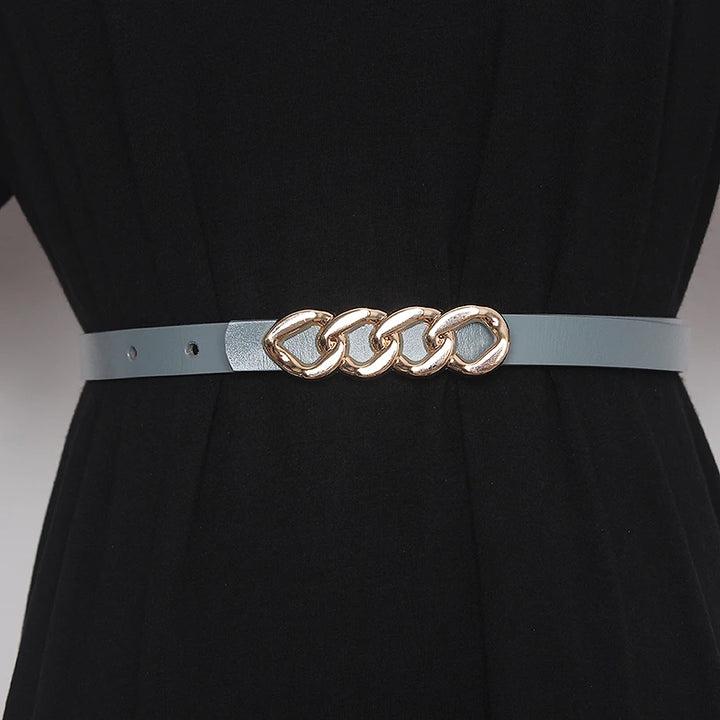 Women’s genuine leather corset belt with chain-link buckle and light blue strap