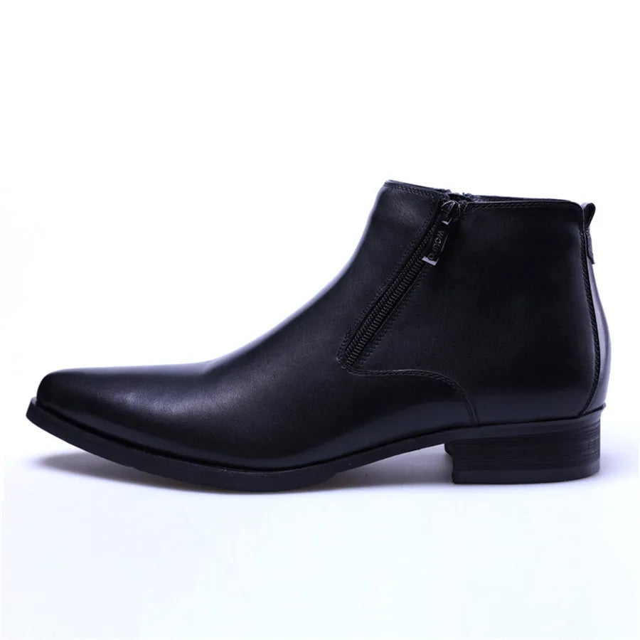 Black leather ankle boot with a zipper on a white background