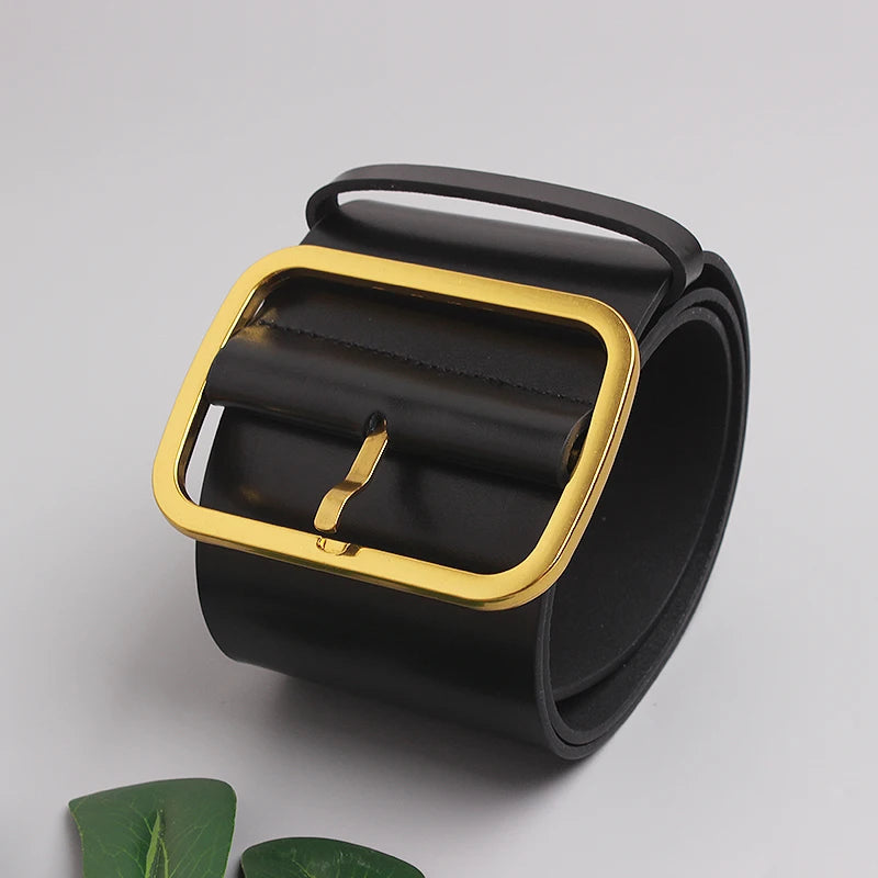 Black wide leather belt, gold square buckle with prong