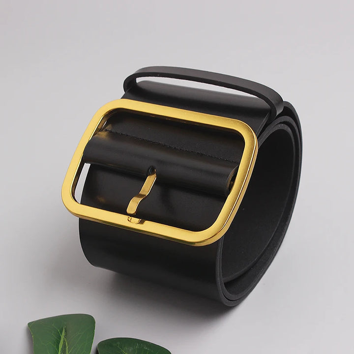 Black wide leather belt, gold square buckle with prong