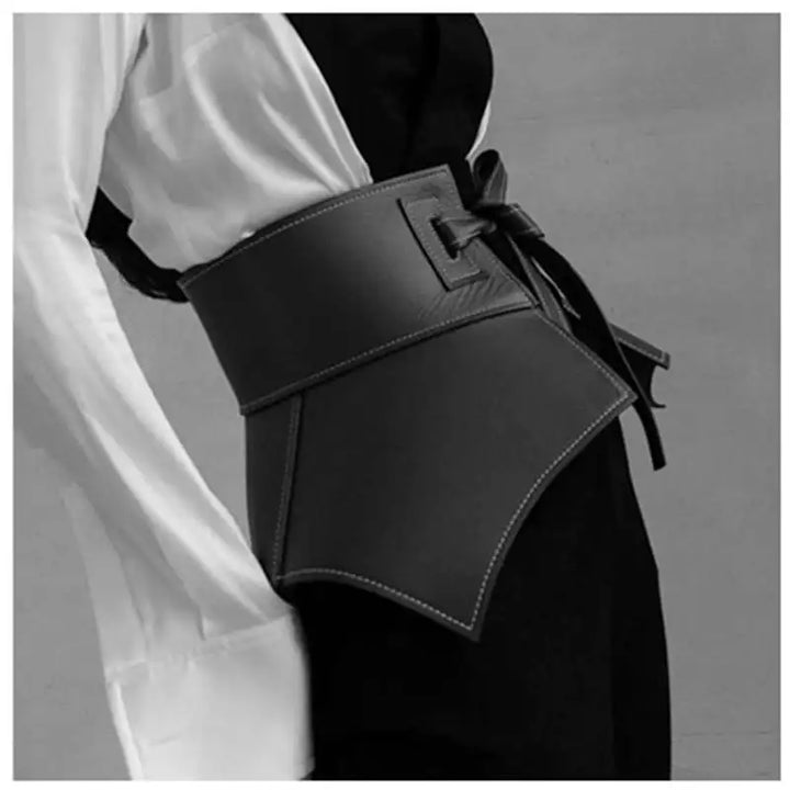 Wide PU leather waist belt, black with square buckle and hanging tie ends