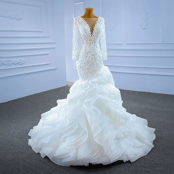 Deep V Neck Ruffle Train Bridal Dress