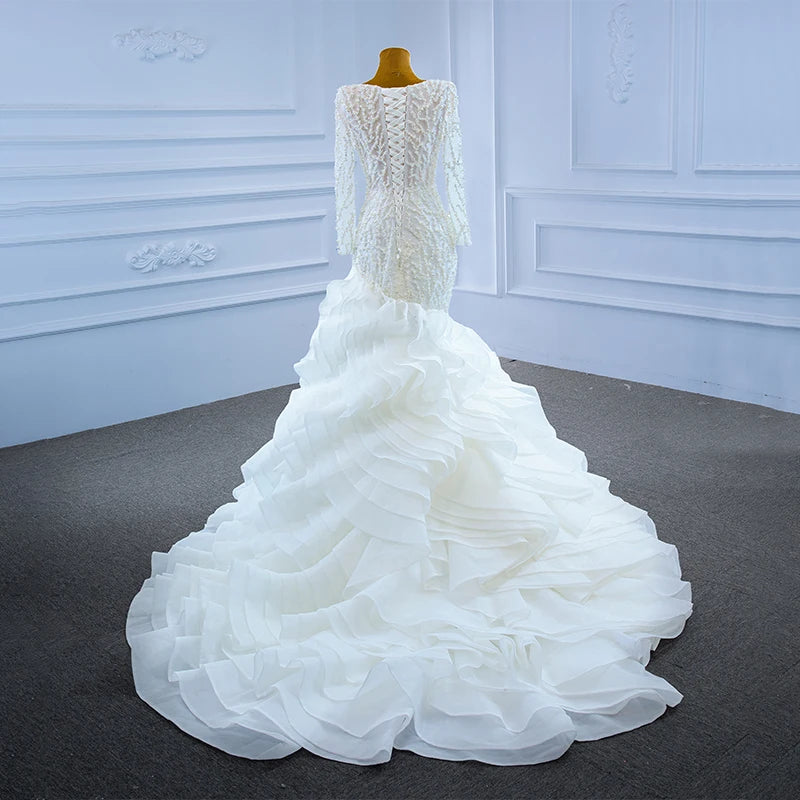 Deep V Neck Ruffle Train Bridal Dress