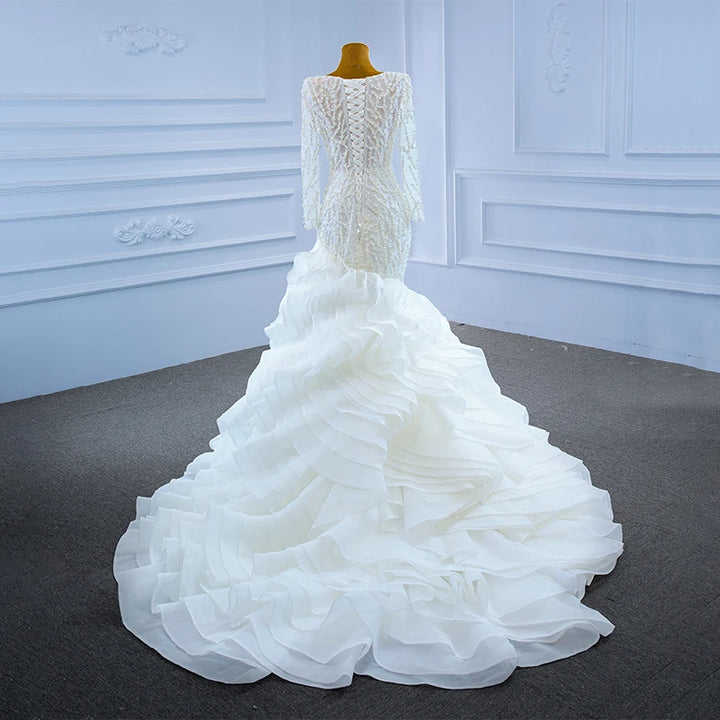 Deep V Neck Ruffle Train Bridal Dress
