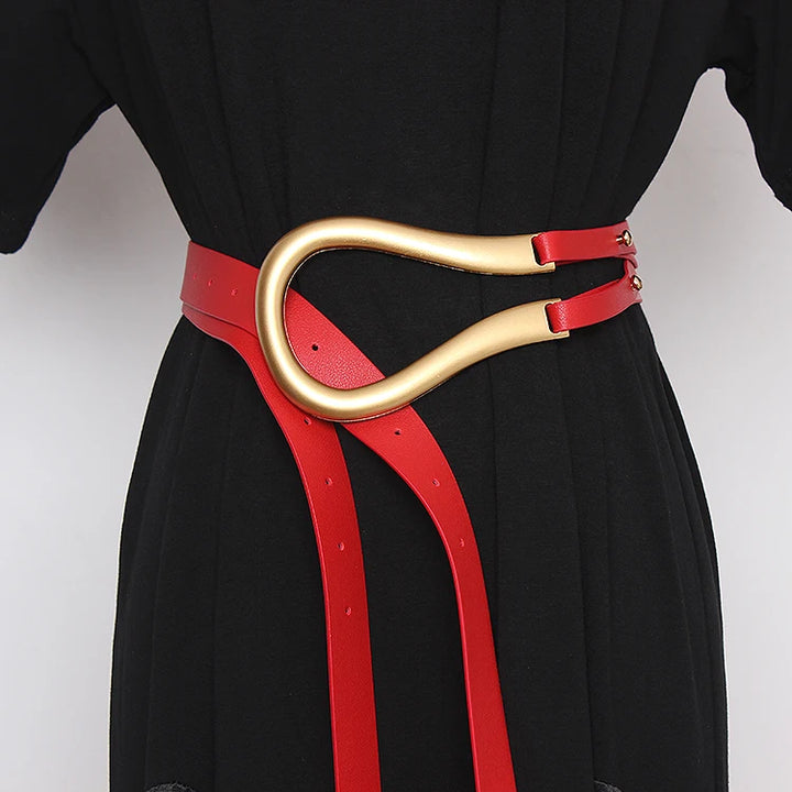 Wide genuine leather women’s belt with gold-tone heart-shaped buckle, red strap