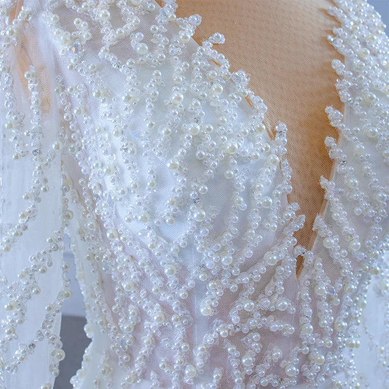 Deep V Neck Ruffle Train Bridal Dress