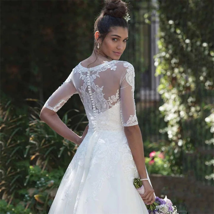Graceful Sheer Scoop Short Wedding Dress
