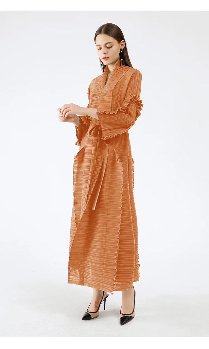 Pleated Sleeve Lapel Cardigan Dress