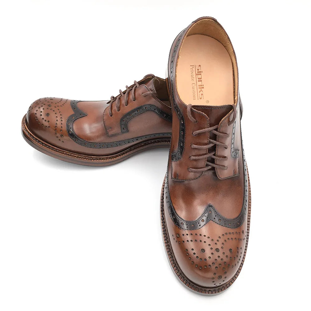 Carved Wing Tip Leather Brogue