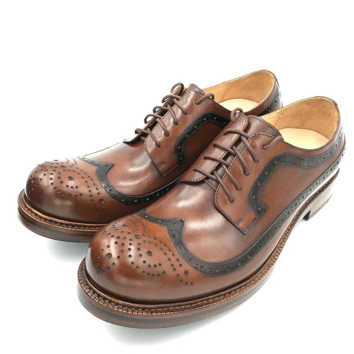 Carved Wing Tip Leather Brogue