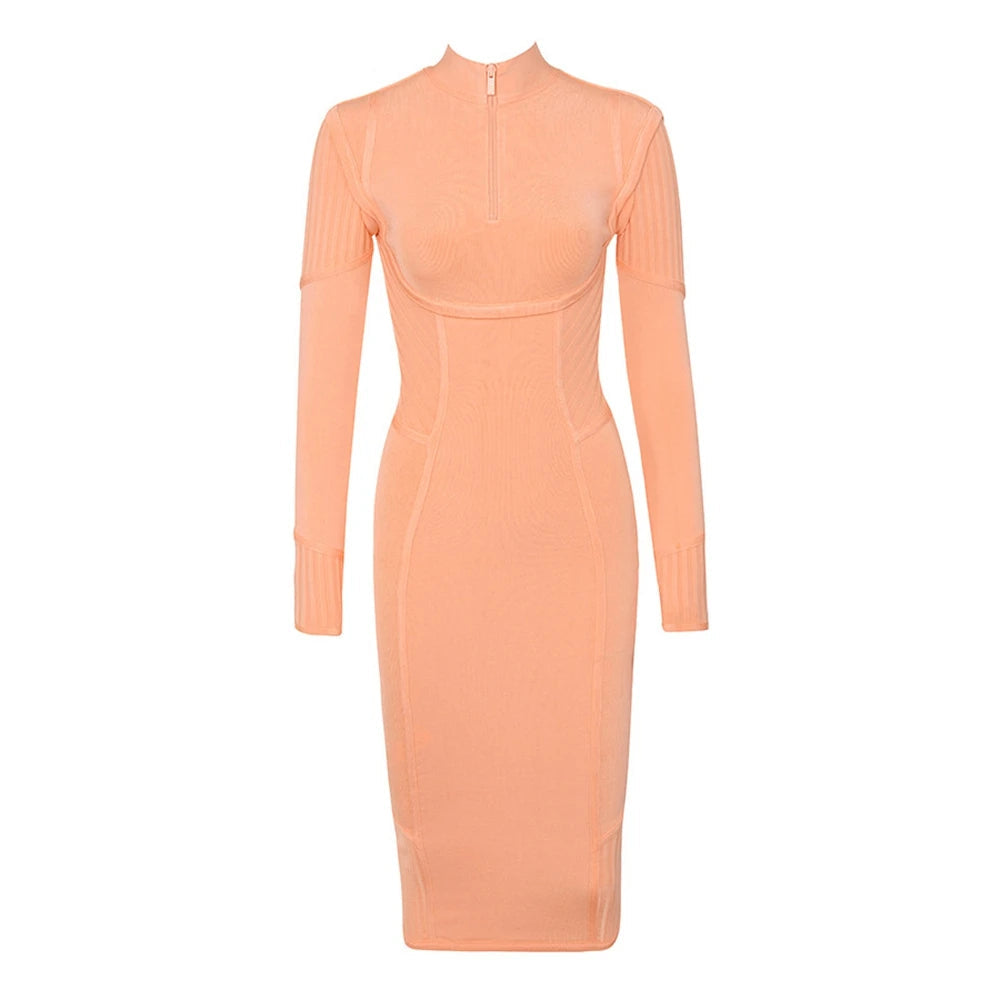 Peach-colored dress with long sleeves on a white background, featuring the brand &