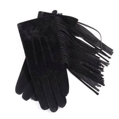 Women's suede tassel gloves, black, paired hand coverage with fringe
