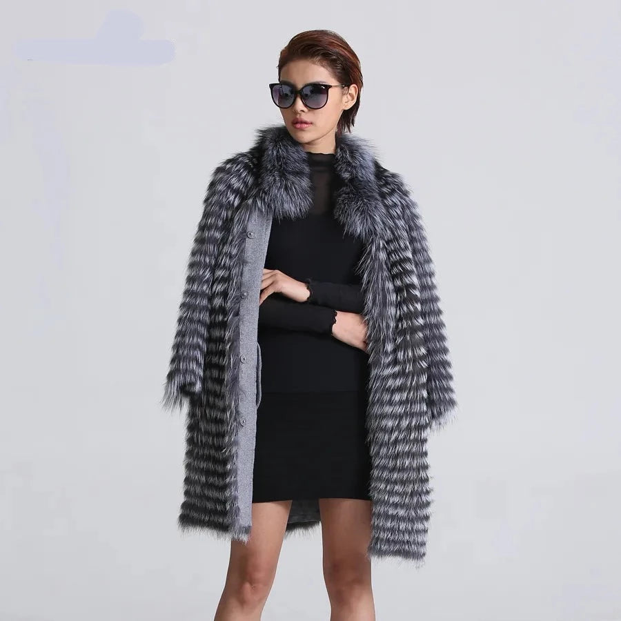 Knitted Silver Fox Fur Women's Coats