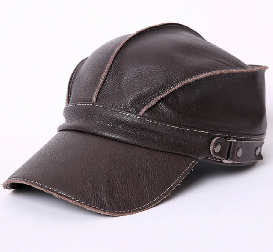 Brown leather cap with a visible brand logo on a white background