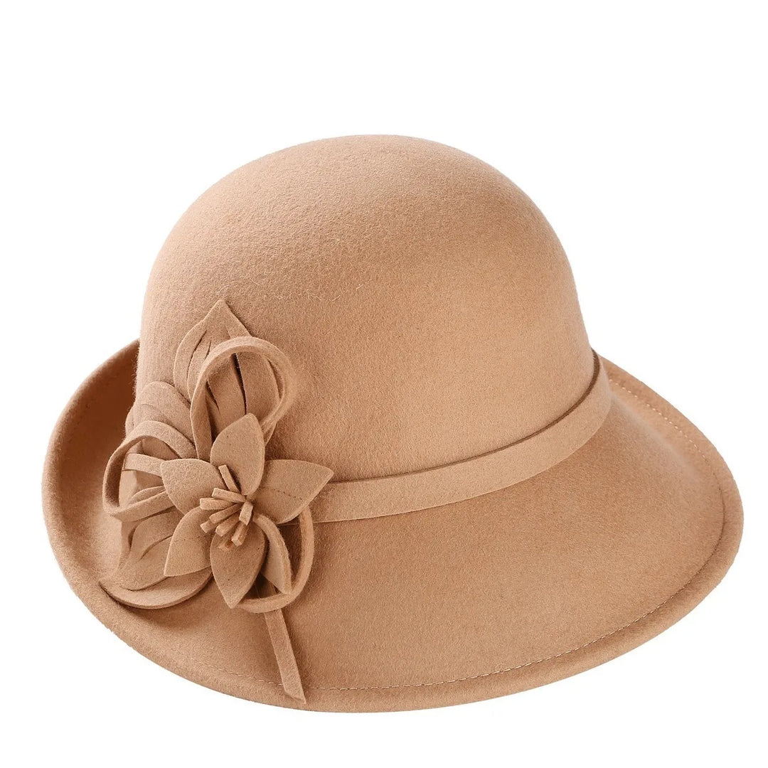 Khaki beige wool pillbox hat with side fabric flower applique