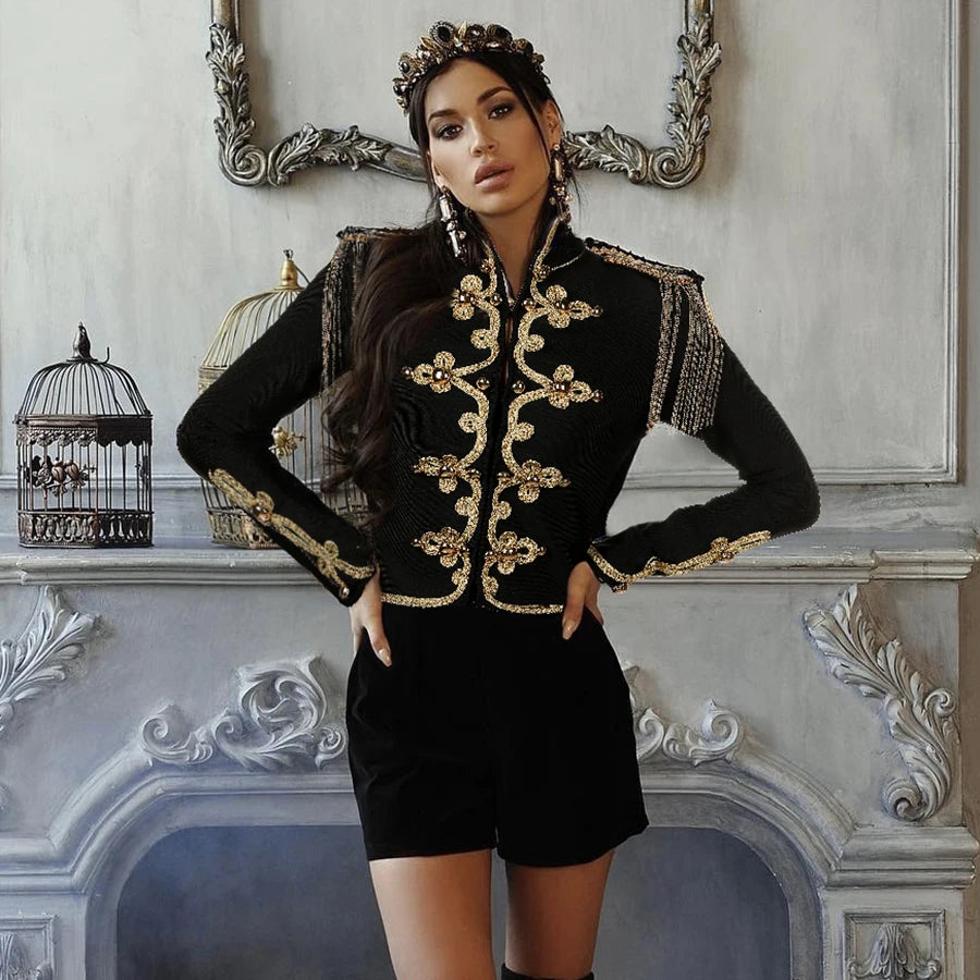 Black fitted jacket with gold ornate embroidery and long sleeves
