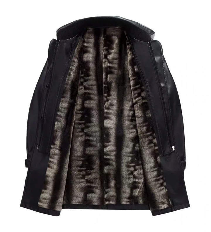 Black leather jacket with fur lining on a white background