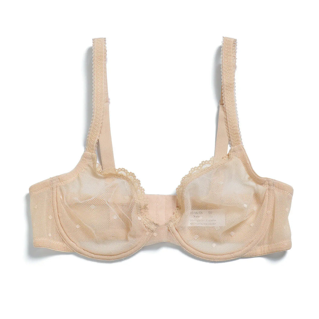 Beige transparent lace dot mesh underwire bra with thin straps and scalloped lace