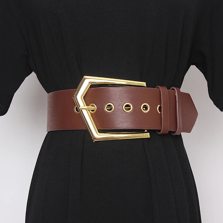 Brown wide PU leather waist belt with gold-tone buckle and round grommet eyelets