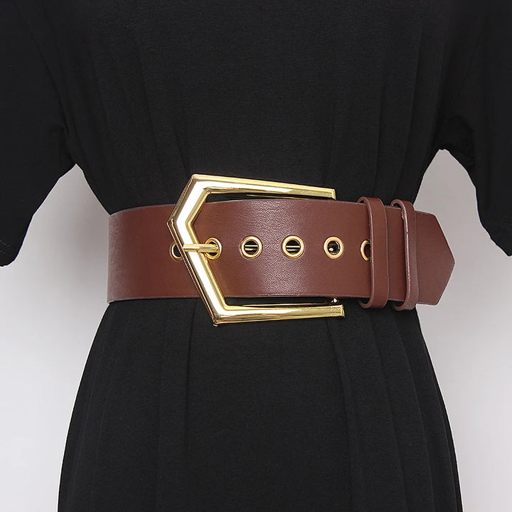 Brown wide PU leather waist belt with gold-tone buckle and round grommet eyelets