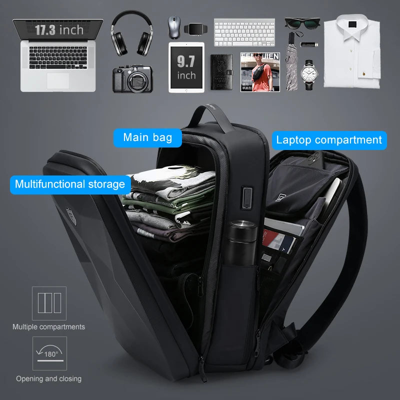 Black backpack open to show main storage and laptop compartment dividers