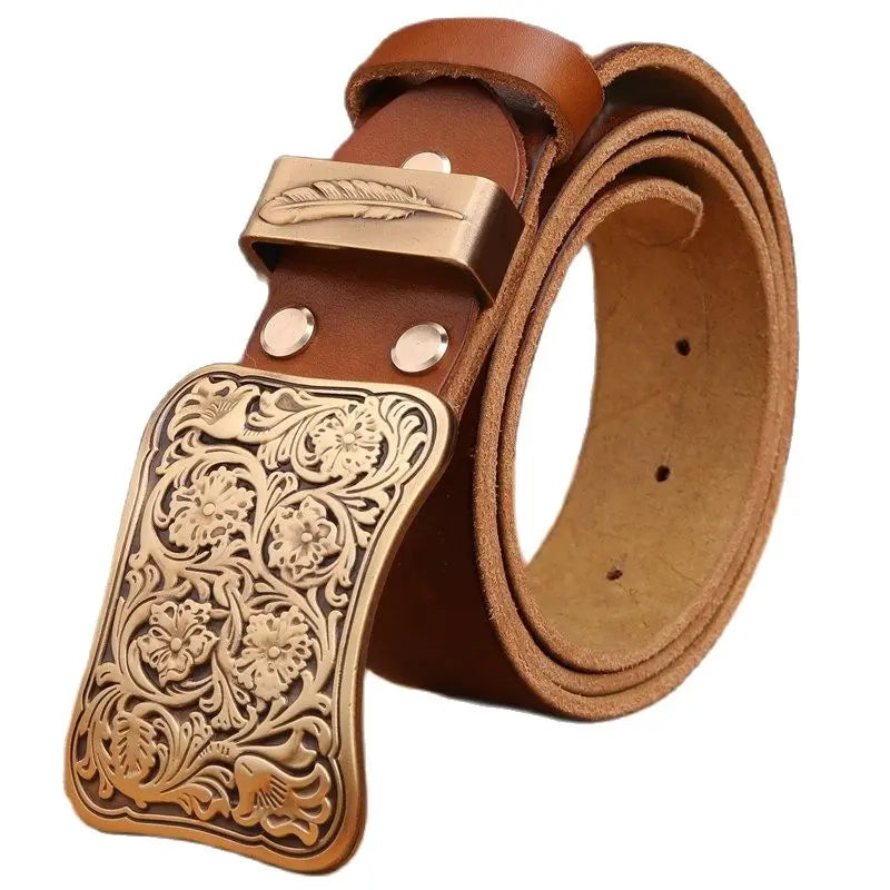 Luxury Brass Flower Buckle Leather Belt