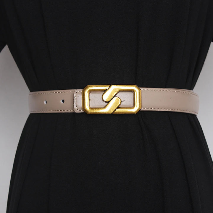 Light beige genuine leather women’s belt with gold-tone buckle