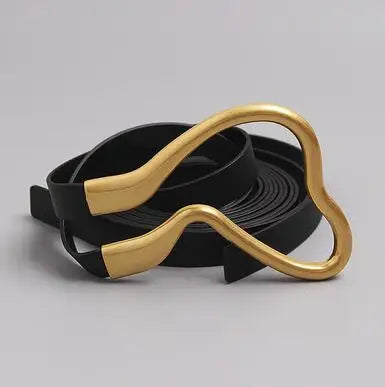Women’s wide leather belt with gold oval buckle, black belt and tan contrast panels