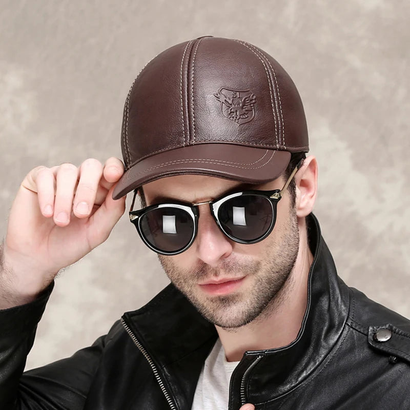 Genuine Leather Eagle Print Cap