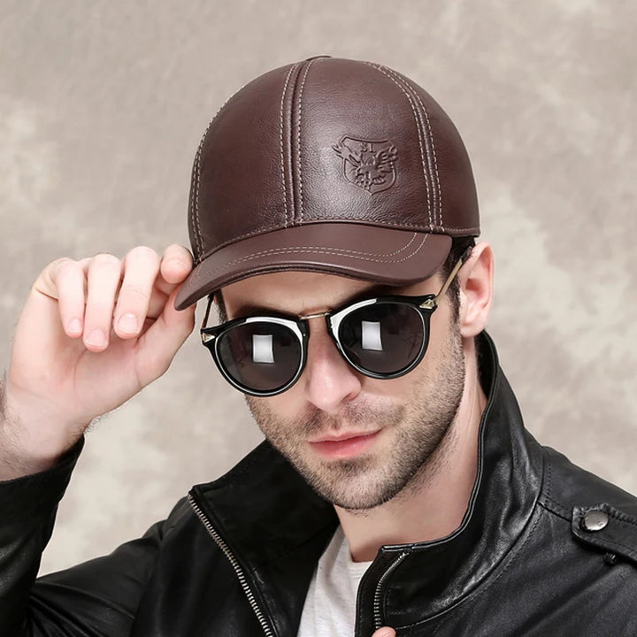 Genuine Leather Eagle Print Cap