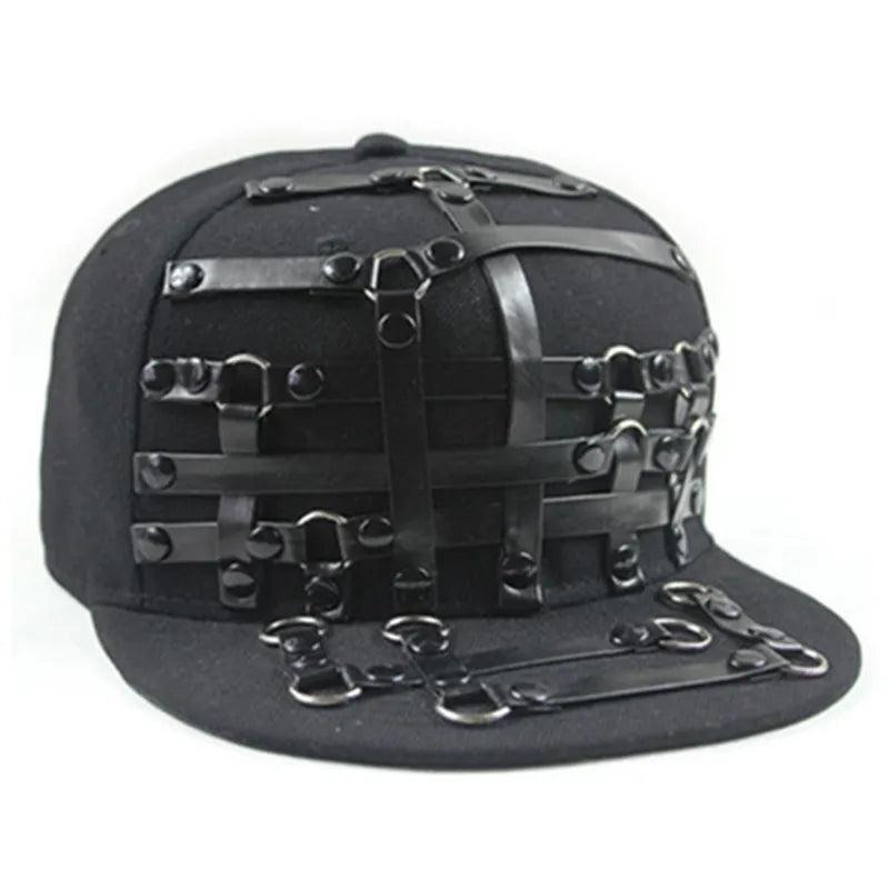 Black flat brim hat with layered strap web and metal rings and buckles detail