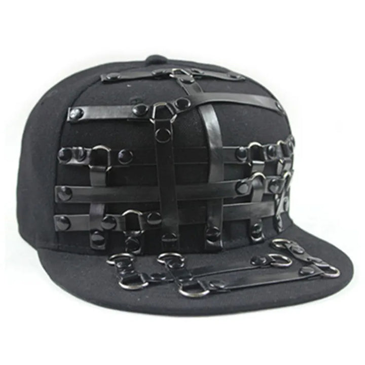 Black flat brim hat with layered strap web and metal rings and buckles detail