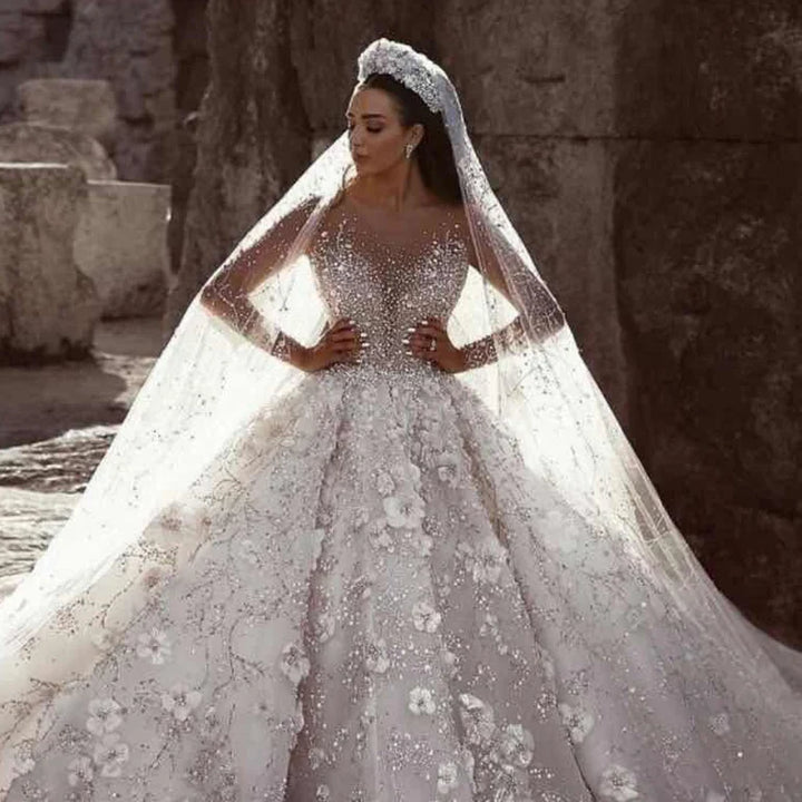 Delicate Sequined Flowers Bridal Dress