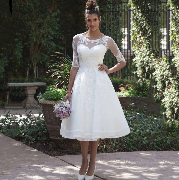 Graceful Sheer Scoop Short Wedding Dress