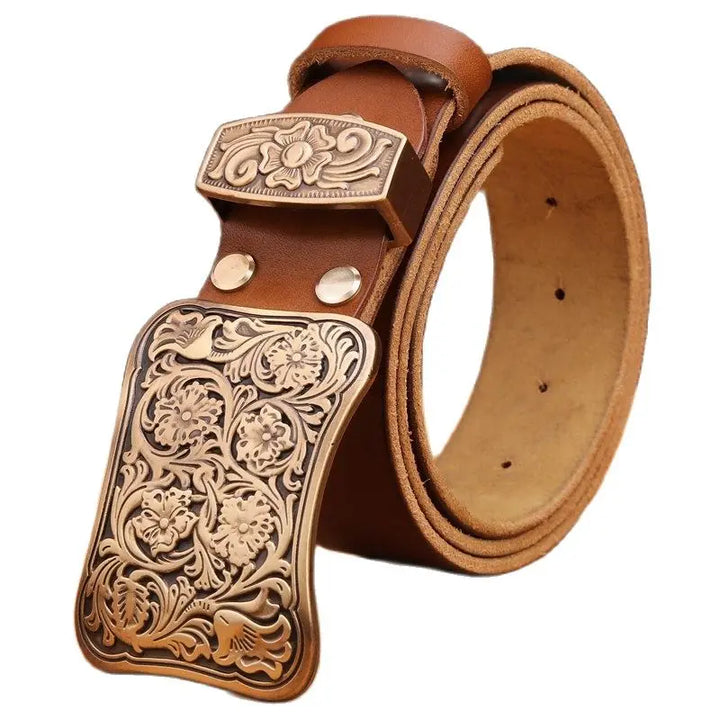 Luxury Brass Flower Buckle Leather Belt